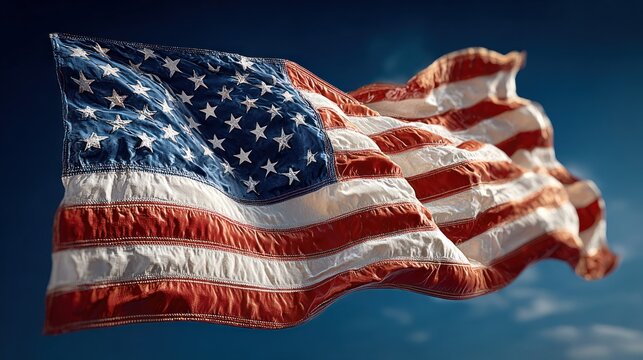 American flag waving in the wind against a vibrant blue sky representing patriotism