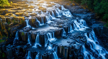 Cascading waterfall over rocky terrain in sunlight