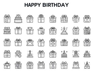 A linear illustration shows various presents and cakes, arranged neatly with 'HAPPY BIRTHDAY' text on top