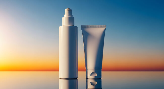 Sunscreen and lotion bottles on a reflective surface against a colorful sky