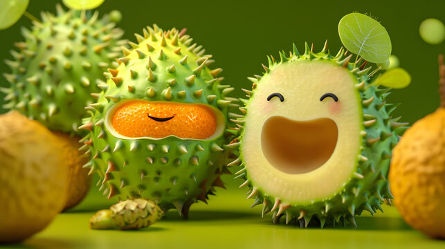 3d cute cempedak fruit character oval spiky green