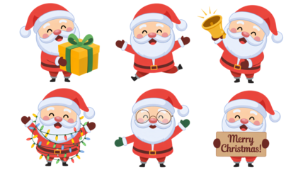 Joyful Santa Claus characters celebrating Christmas with gifts and festive cheer
