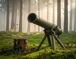 A green telescope sits on a mossy forest floor, bathed in soft light filtering through the tall trees