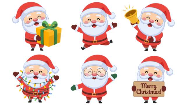 Joyful Santa Claus characters celebrating Christmas with gifts and festive cheer - Powered by Adobe