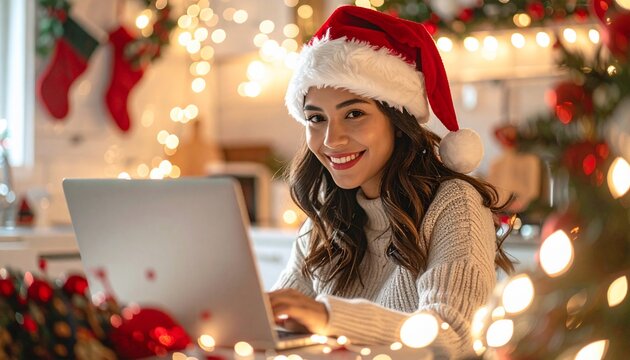 Woman in Santa hat works on laptop with Christmas lights, home, and holiday season.