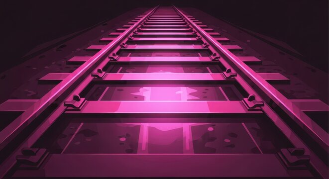 Railroad tracks recede into the darkness illuminated by vibrant magenta light