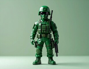 A green toy soldier stands at attention on a soft green background, wearing a helmet and carrying a rifle