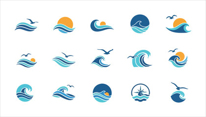 Collection of fifteen stylized logos featuring ocean waves, sun, and seagulls in blue and orange color palettes, isolated on a white background.