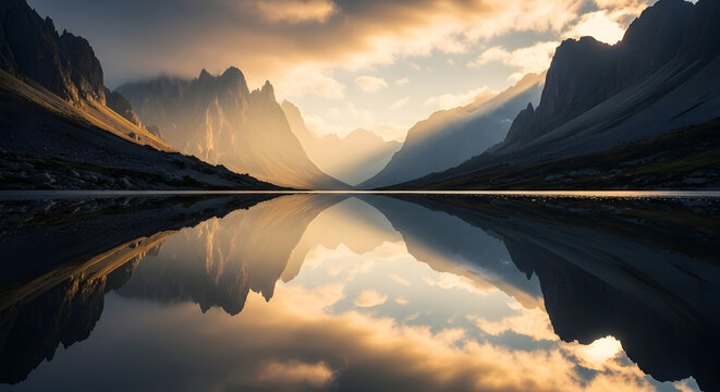 Dramatic Mountain Valley Reflection with Golden Sunrays and God Rays