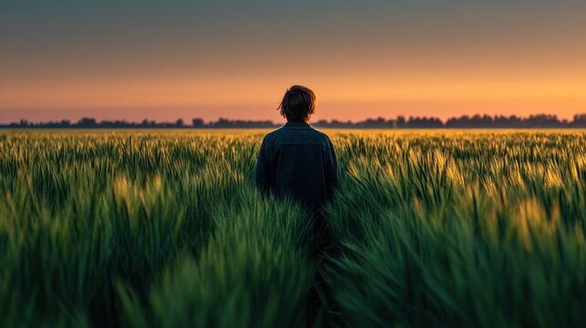 Person walking away through vast green crop field under warm golden hour sunset sky