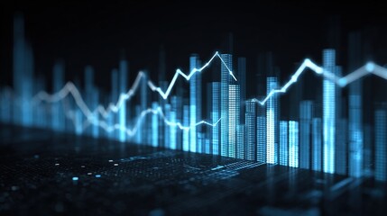 Futuristic blue digital financial data visualization showing volatile stock market fluctuations.