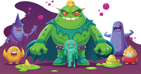 Vibrant cartoon monsters gather for a playful, spooky, and colorful fantasy adventure with a dominant green ogre boss