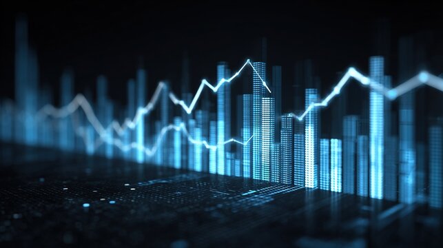 Futuristic blue digital financial data visualization showing volatile stock market fluctuations.