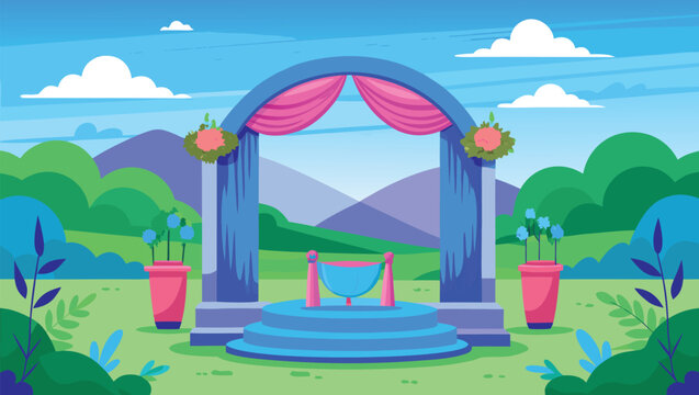 Vibrant outdoor wedding ceremony backdrop with floral arch and scenic mountain landscape, perfect for celebrations.