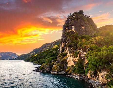 Stunning vista of a rocky cliff overlooking a serene lake at sunset