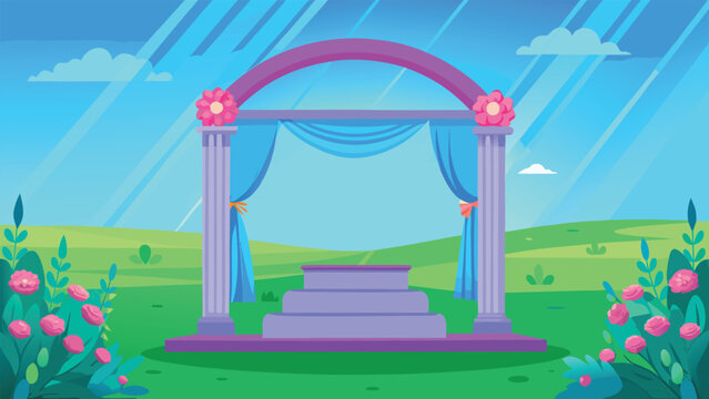 Vibrant outdoor stage adorned with flowers and draped curtains, ready for a joyous celebration or performance under a bright sky.