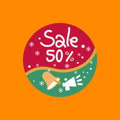 Holiday Sale 50 Percent Off With Bell And Megaphone On Orange Background