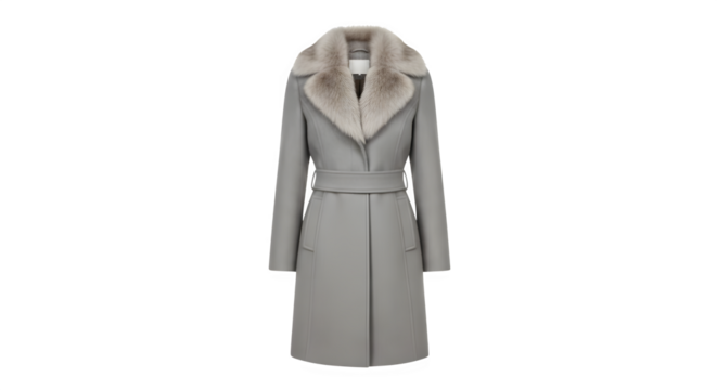 Elegant light grey wool coat with a luxurious fur collar and belt isolated on transparent background