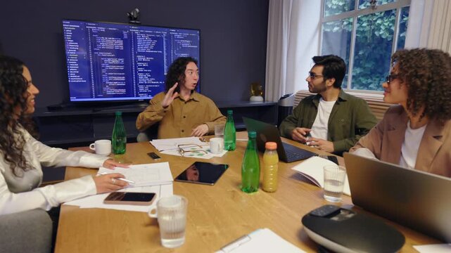 A skilled team is in a productive meeting, sharing innovative ideas, while an engaging presentation enhances communication and fosters collaboration among members