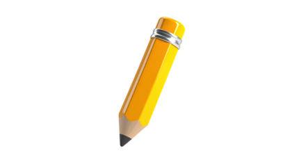 A 3D rendered cartoon pencil, yellow, with a silver band, against black