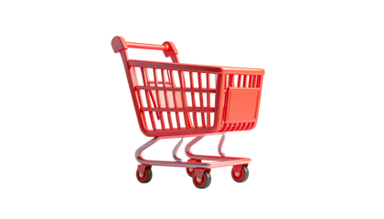 A 3D rendered, bright red shopping cart isolated on a black background