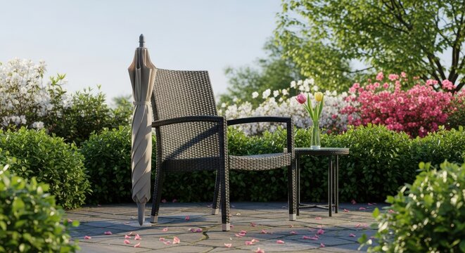 Patio furniture set with chair table and umbrella in a garden setting creating a relaxing outdoor living space perfect for summer enjoyment