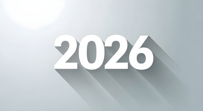 Clean and modern white 3d number 2026 with long shadow on a light gray background