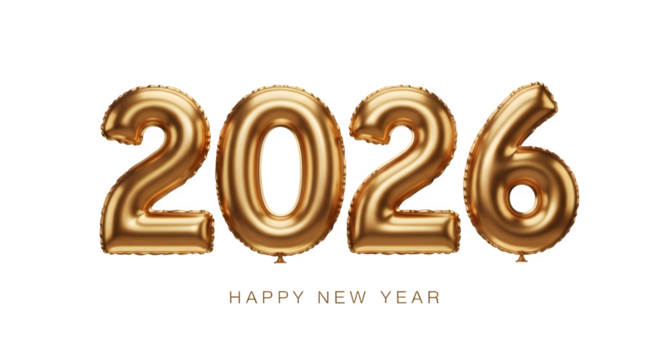 Golden balloons spelling out the year 2026 against a stark black background