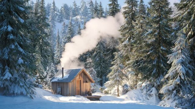 A snow-covered cabin exhales smoke amidst a snowy forest of evergreen trees