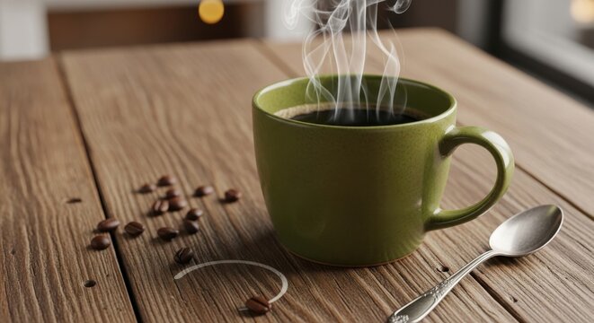Hot coffee in a green mug with steam coffee beans and a spoon on a wooden table perfect for a cozy morning or afternoon break - Powered by Adobe