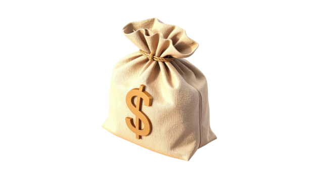 Beige cloth money bag with dollar sign on front, tied with twine, isolated