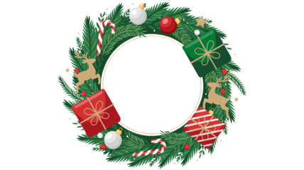 Festive Christmas wreath with gifts and reindeer for holiday greetings