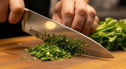 Close-up of a chef mincing fresh cilantro with a knife on a wooden cutting board preparing ingredients for a recipe