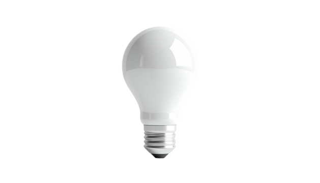 Isolated close-up of a bright white LED bulb, glowing on a black backdrop