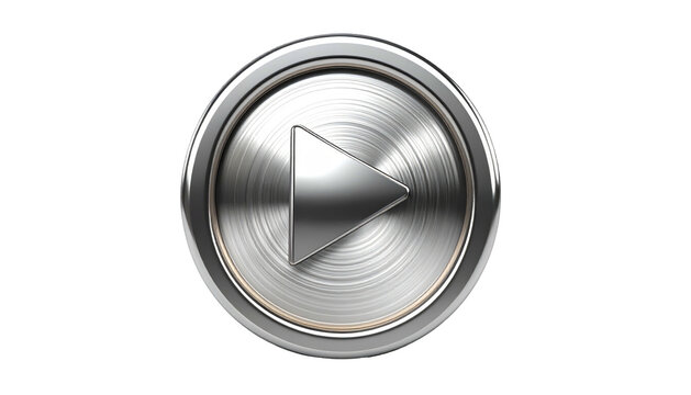 Shiny metallic play button, central triangle, textured surface, on a black background