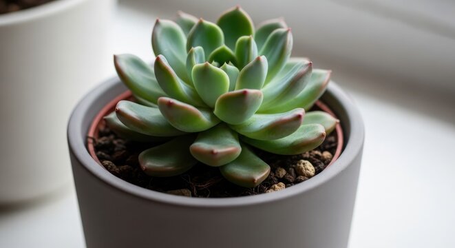 Close-up of a potted succulent plant featuring its vibrant green leaves and intricate rosette shape perfect for home decor or botanical themes - Powered by Adobe