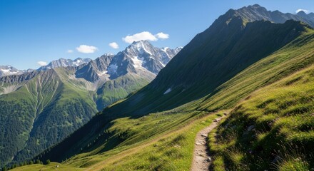 Hiking trail winds through alpine meadows leading to snow-capped mountain peaks under a clear blue sky perfect for outdoor adventure and scenic landscapes