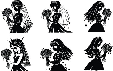 Gothic ghost brides, dark wedding spirits, undead brides with veils and flowers, eerie horror romance illustration for Halloween or fantasy art.