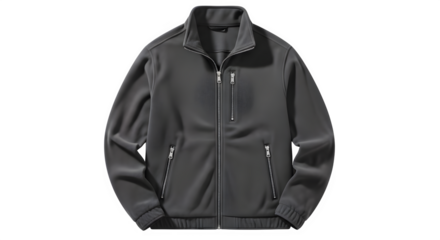 A dark gray full zip jacket with pockets and a stand collar isolated on transparent background
