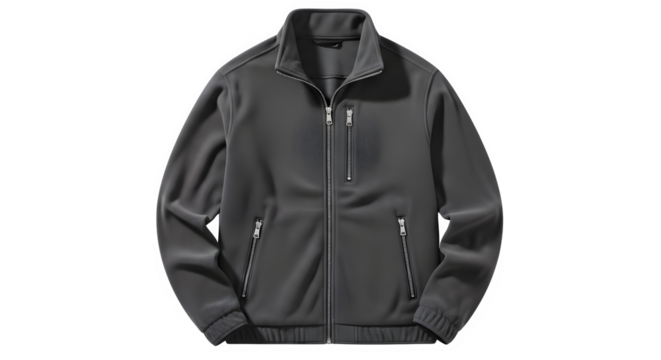 A dark gray full zip jacket with pockets and a stand collar isolated on transparent background