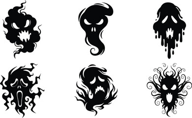 Spooky ghost faces, horror spirit silhouettes, flaming wraith masks, dripping shadow demons, and nightmare smoke entities for dark fantasy designs.