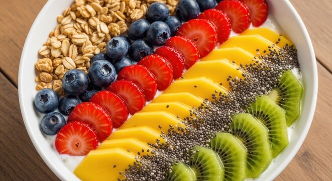 Healthy breakfast bowl with granola blueberries strawberries mango chia seeds and kiwi a nutritious and colorful meal perfect for a healthy lifestyle