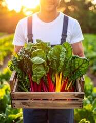 A person holds a wooden crate filled with vibrant rainbow chard in a sunlit garden setting, focus on produce