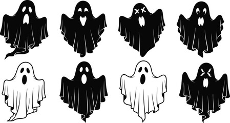 Collection of spooky ghost silhouettes with creepy, funny, and scary faces for Halloween designs, decorations, and horror-themed graphics.