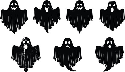 Halloween ghost silhouettes collection with spooky, creepy, and funny flying phantoms for horror decorations, party graphics, and eerie designs.