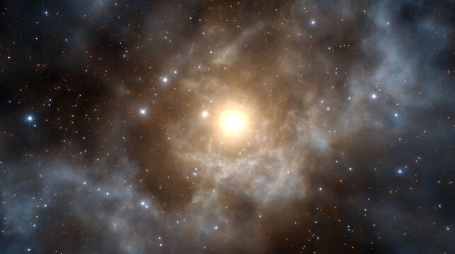 A bright luminous star cluster glows amidst swirling cosmic nebula clouds in deep space