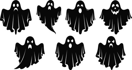 Ghost silhouette collection, spooky Halloween spirit set with flying phantoms and haunted faces for horror, party, and decoration design.