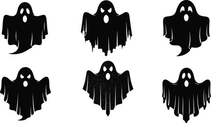 Ghost silhouette set, spooky Halloween spirit collection, flying phantom shapes, haunted shadow figures for horror and Halloween designs.