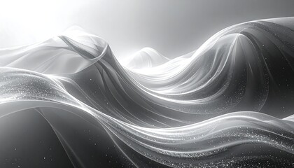 A grayscale depiction of flowing, undulating forms that evoke a sense of ethereal movement and light. A soft, hazy, airy composition