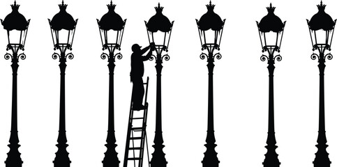 Silhouette of a worker fixing vintage street lamps on a ladder, vector illustration for maintenance, lighting repair, and urban service concept.
